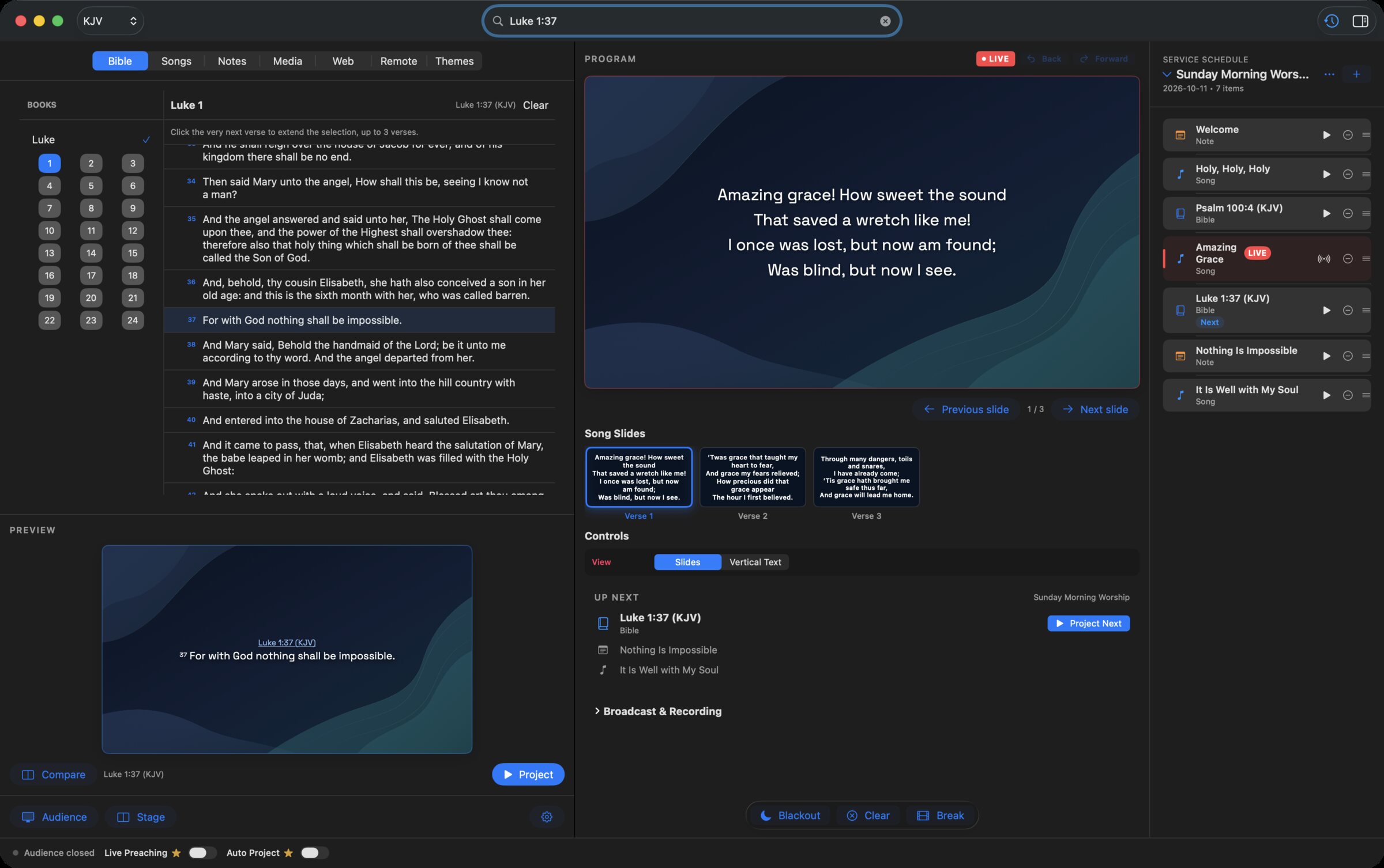 Flames Studio on a Mac: Amazing Grace live in Program, Luke 1:37 waiting in Preview, and the Sunday Morning Worship service schedule on the right